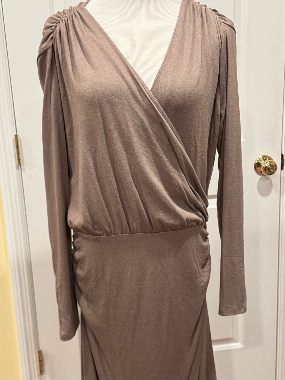 Banana Republic Soft Luxe Ruched Shoulder Wrap-Style Long Sleeve Dress in Taupe
